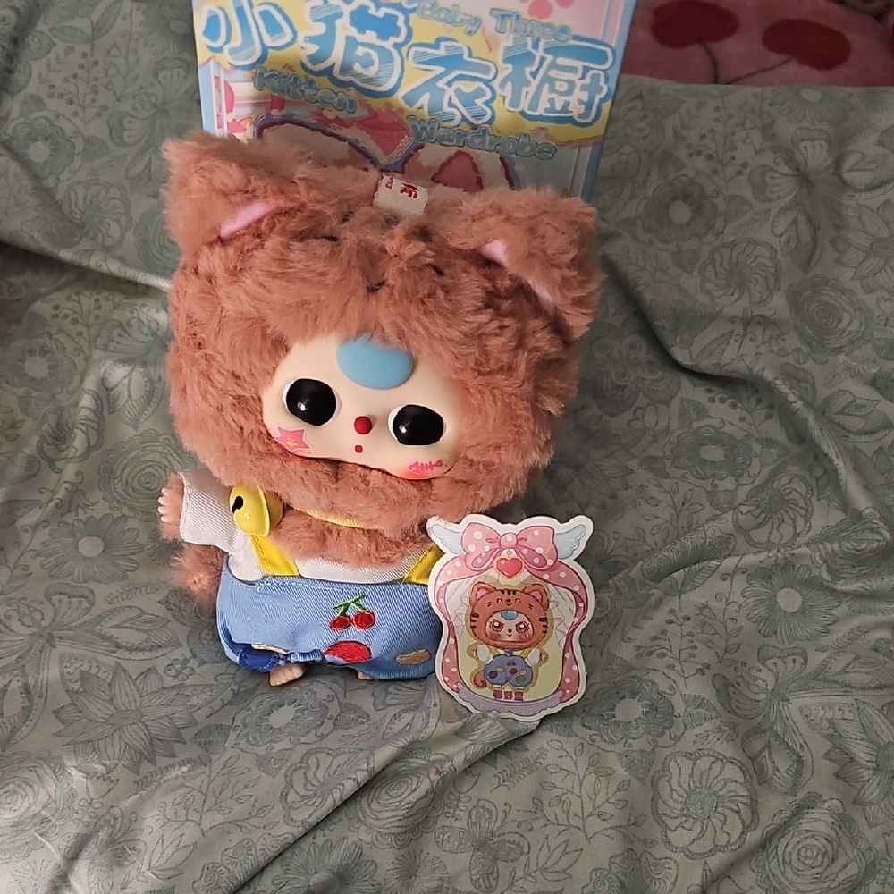 Baby 3  CatCute Plush Toy with Brown Fur and Blue Overalls